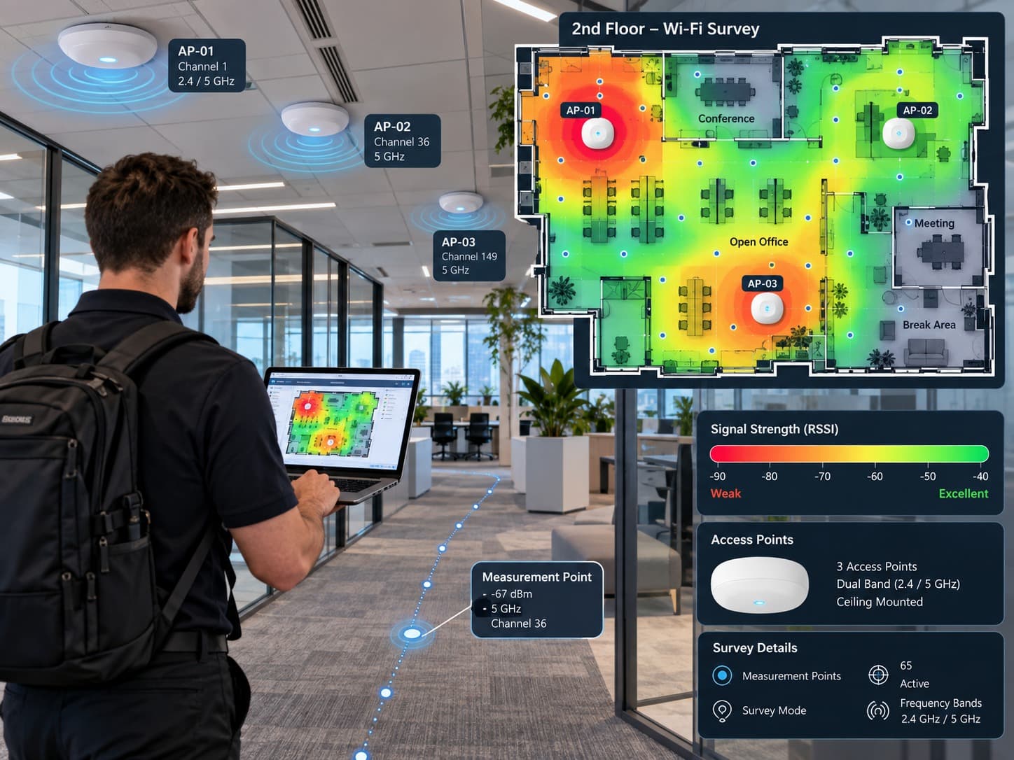 Wireless coverage heatmap across an office floor plan